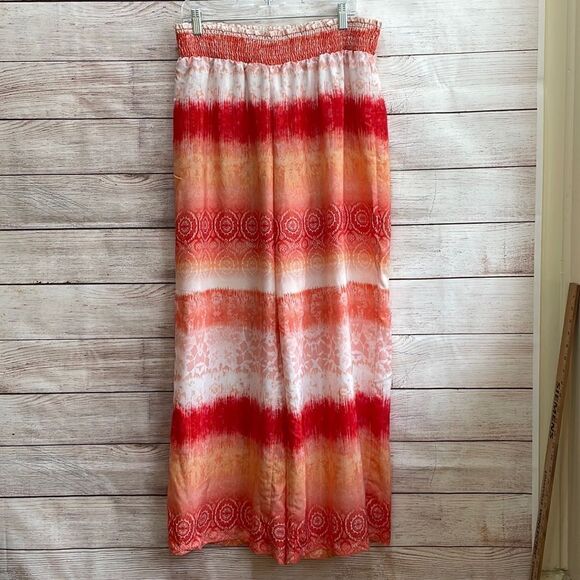 CATO WIDE LEG PALAZZO PANTS IN ORANGE AND WHITE BATIK PRINT - Picture 1 of 6